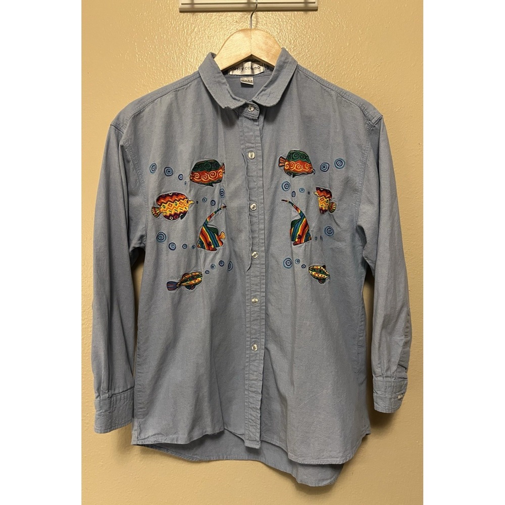 Casey Coleman Tropical Rainbow Fish Denim Shirt Embroidery‎ Cottage Granny Core